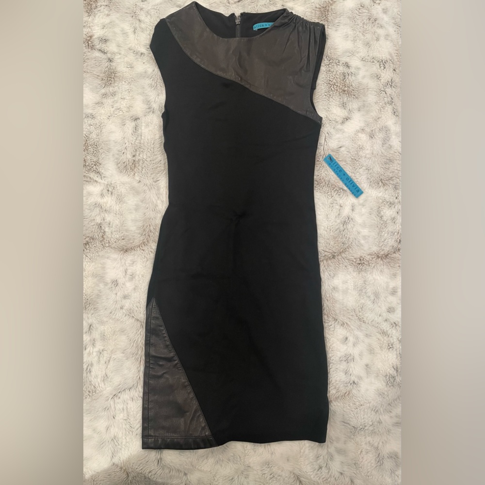 NWT Alice + Olivia Bristol Mock Dress with Leather Detail and Mesh Back Size XS
